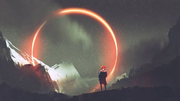 homme debout devant le cercle de lumière rouge
 - Photo, image