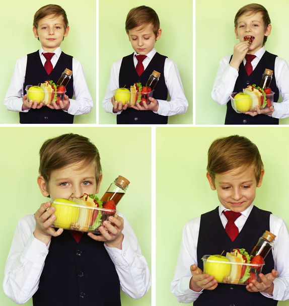 boy schoolboy with lunch boxes - healthy eating - Photo, Image