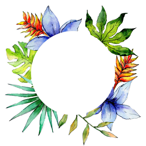 Trópusi Hawaii levelek növények keret akvarell stílusú. - Fotó, kép