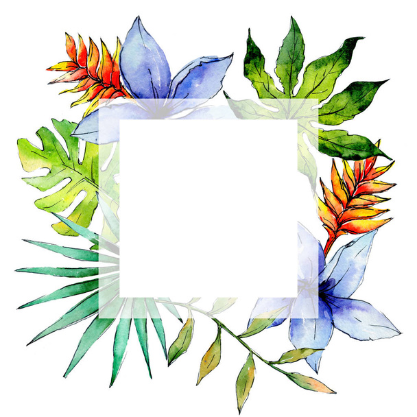 Tropical Hawaii leaves plants frame  in a watercolor style. - Photo, Image
