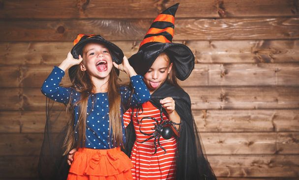 komik çocuk kardeş kız cadı kostüm Cadılar bayramında ikizler. - Fotoğraf, Görsel