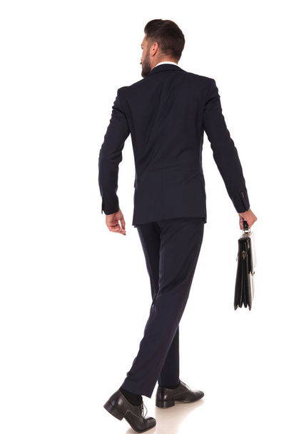 Hátulnézet a gyaloglás üzleti ember kezében aktatáska  - Fotó, kép