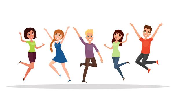 Happy group of people, boy, girl jumping on a white background. The concept of friendship, healthy lifestyle, success. Vector illustration in a flat and cartoon style - Vector, Image