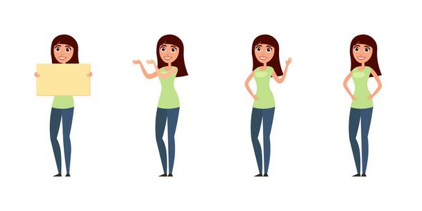 Set of woman, girl in casual clothes in different poses. A character for your design project. Vector illustration in flat and cartoon style - Vector, Image