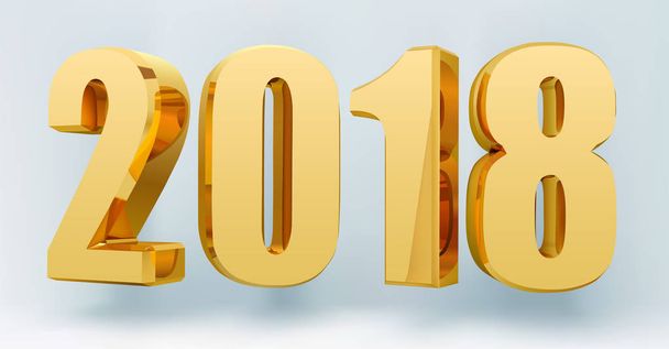 Date 2018 on a light background in 3d format. Gold Shining 2018 Happy New Year Banner. Vector illustration - Вектор,изображение
