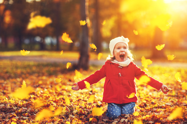 menina feliz criança lança folhas de outono e ri
   - Foto, Imagem