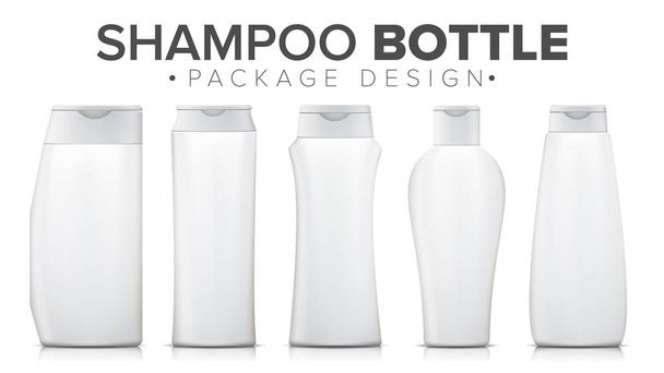 Conjunto de garrafas de xampu realista Embalagem Mock Up Vector. Frasco de plástico modelo. Produto para corpo limpo. Ilustração isolada
 - Vetor, Imagem