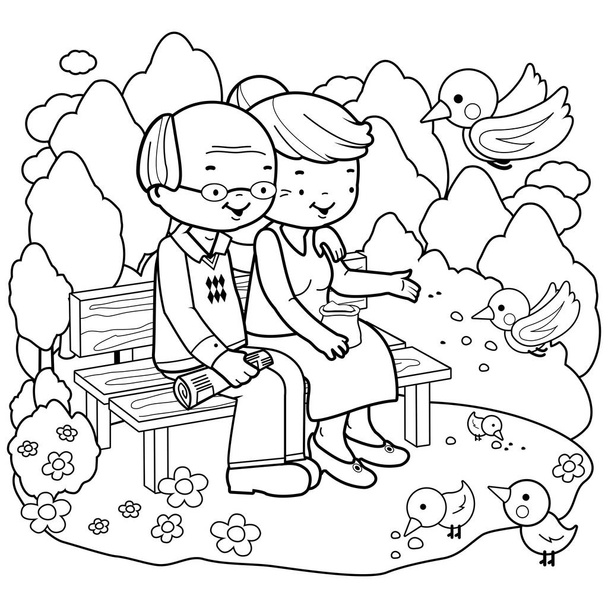 Senior couple at the park. Coloring book page - Vector, imagen
