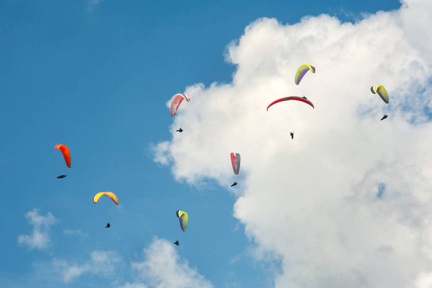 Группа парапланеристов летит в летний солнечный день. Карпаты, Украина. Парапланы на фоне облаков
. - Фото, изображение