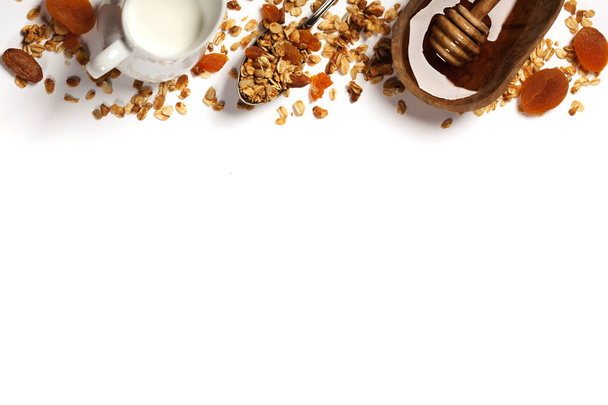 Healthy breakfast -  Homemade granola, honey and milk - Zdjęcie, obraz