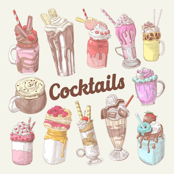 Молочні коктейлі та морозиво боку звернено каракулі. Десерт напої. Векторні ілюстрації - Вектор, зображення