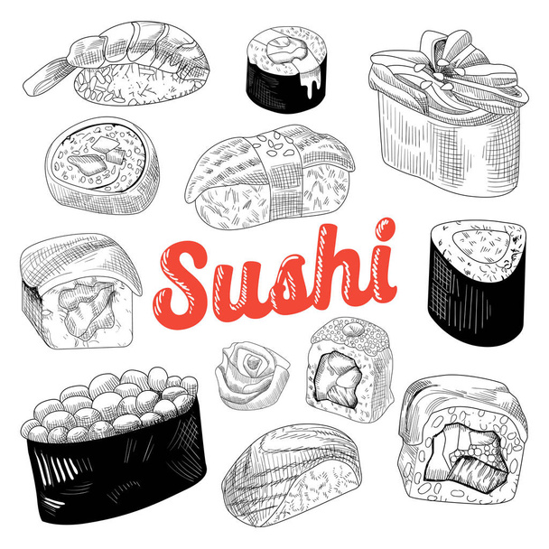 Doodle wyciągnąć rękę japońskie jedzenie na białym tle. Sushi i bułki z ryżu i świeżych ryb. Szkic wektor - Wektor, obraz