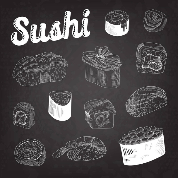 Japoński żywności ręcznie rysowane Doodle na tablicy. Sushi i bułki z ryżu i świeżych ryb. Szkic wektor - Wektor, obraz