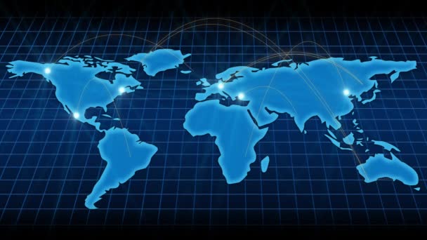 Groeiende wereldwijde netwerk over de kaart van de wereld. Internet en business concept. Blauwe versie. 4k - Video