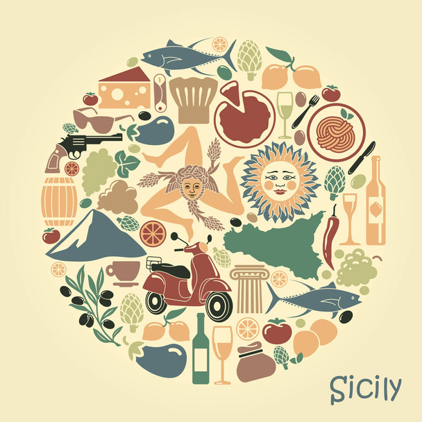 Набор икон на тему Сицилии в виде круга
 - Вектор,изображение