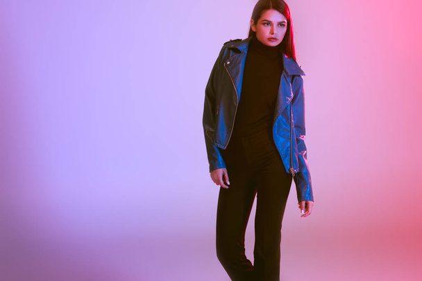 fashionable girl in leather jacket  - Fotoğraf, Görsel
