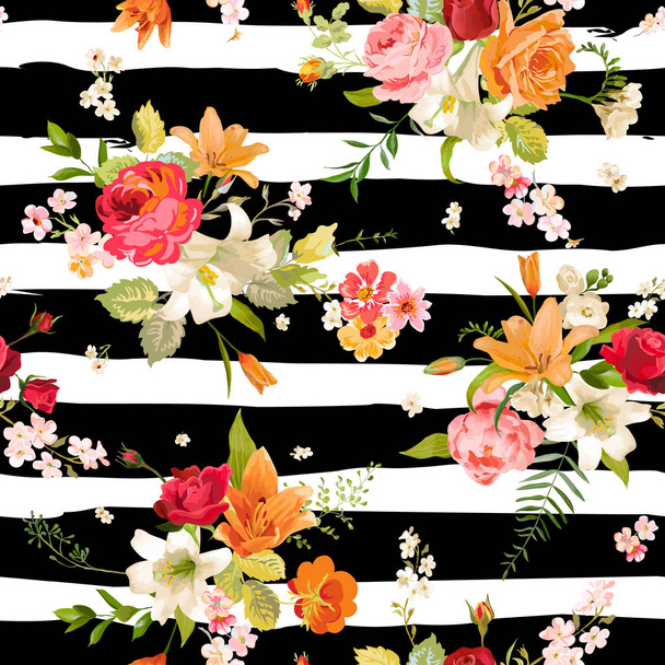 Lily and Orchid Flowers Seamless Background. Floral Pattern in Vector - Vetor, Imagem