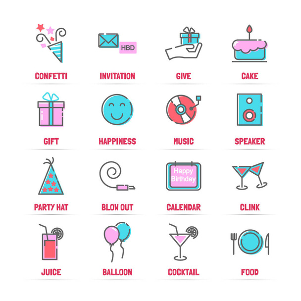 birthday vector line icons with flat colors - Vector, Image