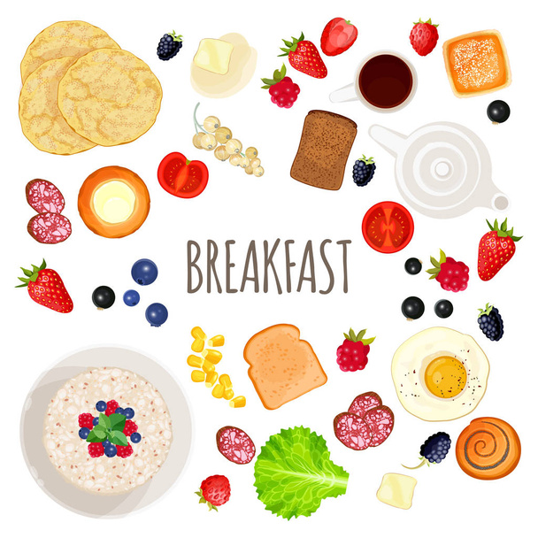 Breakfast food and drink collection isolated illustration on white - Vektori, kuva