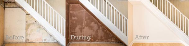 Before, during and after of wall under staircase. Text. - Photo, Image