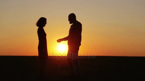Mladý nádherný pár v západu slunce hádky spárovány. Muž a žena v poli za soumraku dne řešit problémy. - Záběry, video
