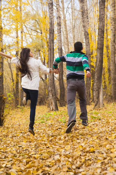 couple running in morning autumn park - 写真・画像