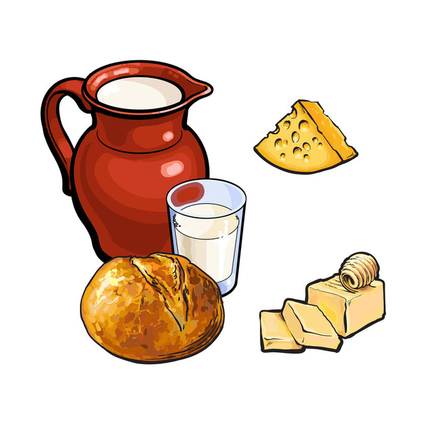 Vektorové skici mléčné výrobky, sada bochník bílého chleba - Vektor, obrázek