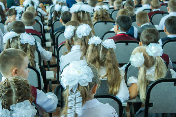 many children sit dressed in the assembly hall at a concert dedicated to the Day of Knowledge Day on September 1. the picture is taken from the back - Photo, image
