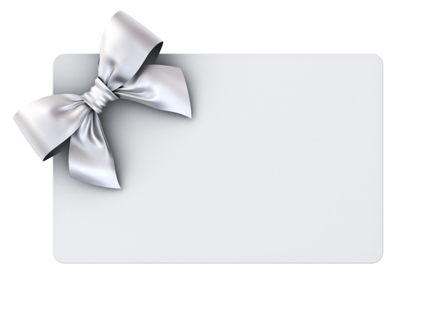Tarjeta de regalo en blanco con lazo de cinta de plata aislado sobre fondo blanco. Renderizado 3D
 - Foto, imagen