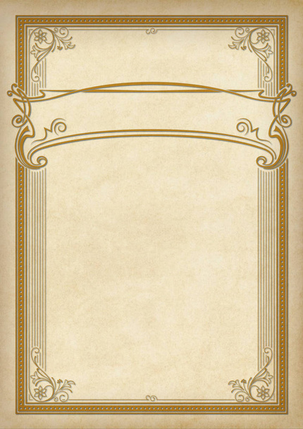 Decorative rectangular framework and banner on piece of parchment. Template for diploma, certificate, label. Retro, art-nouveau style. A3 page size.  - Zdjęcie, obraz