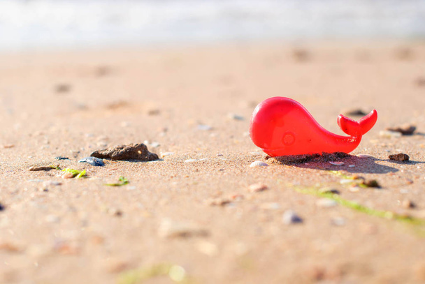A tengerparton, a háttér piros műanyag játék bálna - Fotó, kép
