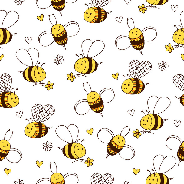 Niedliche nahtlose Muster mit Biene, Blumen und Herzen. Vektor weißer Hintergrund.  - Vektor, Bild
