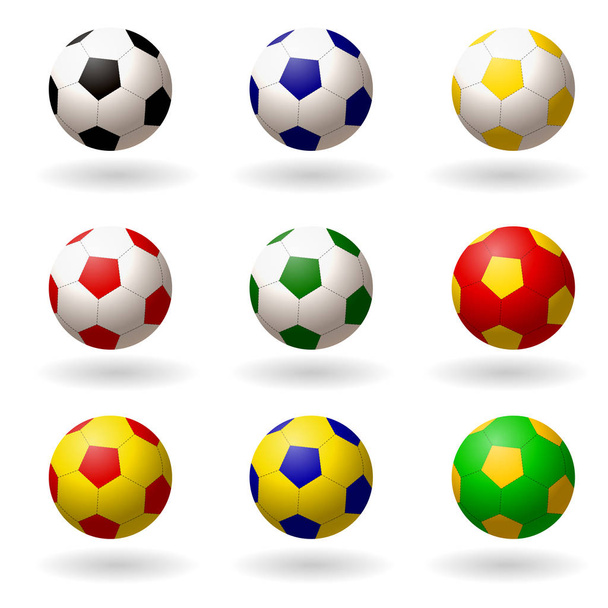 μπάλα ποδοσφαίρου. Σετ μπάλες διαφόρων χρωμάτων για να παίζει ποδόσφαιρο. αντικείμενα σε άσπρο φόντο. Εικονογραφήσεις φορέα - Διάνυσμα, εικόνα