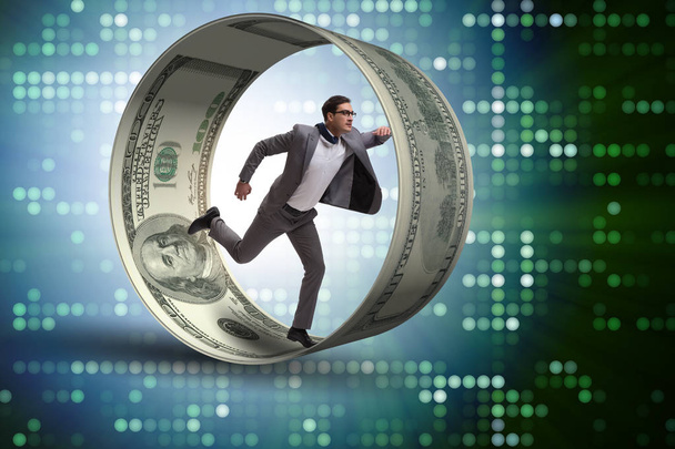 Homme d'affaires dans la roue de hamster courir après les dollars - Photo, image