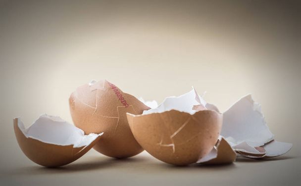 Huevos rotos dispersos aislados en fondo blanco
 - Foto, imagen