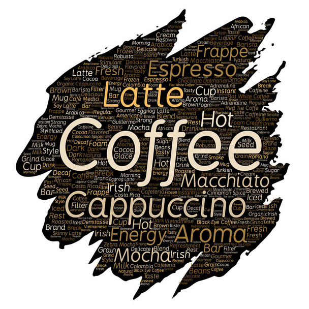 Vektorové koncepční kreativní horké ráno italské přestávka na kávu, cappuccino nebo espresso restauraci nebo kavárně štětec nebo papír nápoj slovo mrak, samostatný. Úvodní text koncepce nápoj energie nebo chuť - Vektor, obrázek