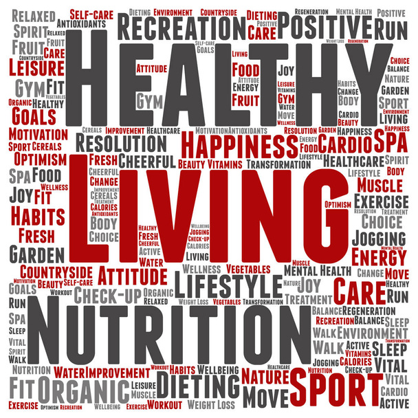 Θετική διατροφή υγιεινή διαβίωση ή άθλημα τετράγωνο λέξη σύννεφο - Διάνυσμα, εικόνα