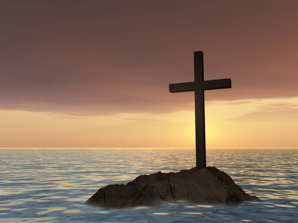 Έννοια ή εννοιολογική σκούρο χριστιανικό σταυρό στέκεται πάνω σε ένα βράχο στη θάλασσα ή τον ωκεανό πάνω από ένα όμορφο ουρανό στο ηλιοβασίλεμα ως μεταφορά για πίστη, θρησκεία, θρησκευτικές, πίστη, ο Ιησούς, Χριστός, πνευματική ή εκκλησία - Φωτογραφία, εικόνα