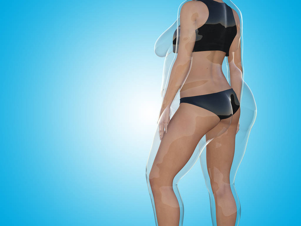 Koncepcyjne tłuszczu nadwaga otyłość kobieta vs slim fit zdrowego ciała po odchudzaniu lub diety z mięśnie cienkie młoda kobieta na niebiesko. Fitness, odżywianie i otłuszczenia otyłości, ilustracja kształt 3d - Zdjęcie, obraz
