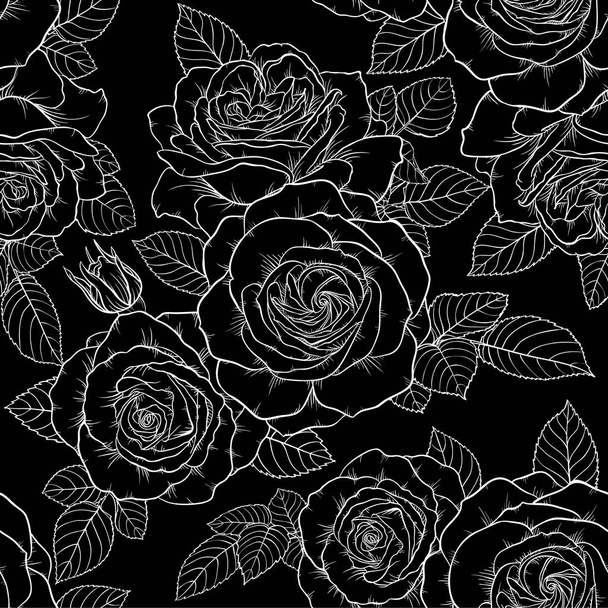 Piękny monochromatyczny czarno-biały wzór bez szwu z różami, liśćmi. Ręcznie rysowane linie konturu. - Wektor, obraz