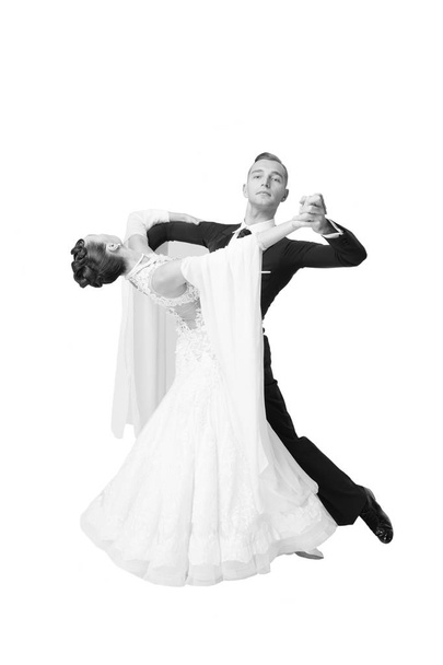 ballrom dance couple in a dance pose isolated on white bachground - Fotoğraf, Görsel