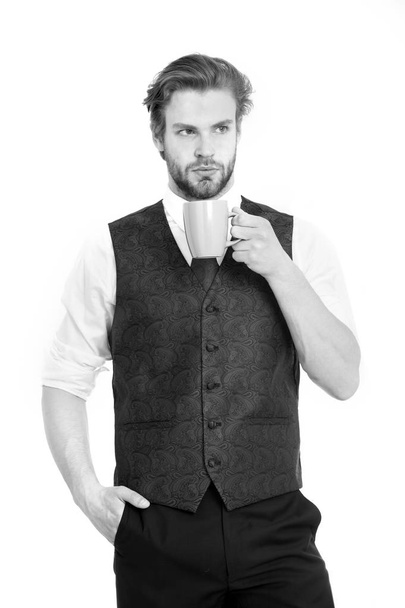 bearded man, serious gentleman drink tea or coffee from cup - Photo, image