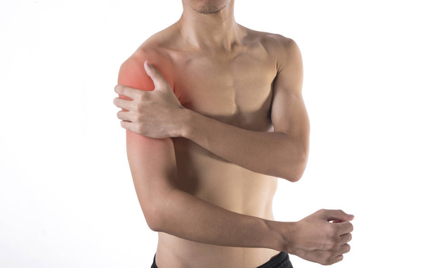 Young man arm and shoulder joint pain on white background. - Photo, image
