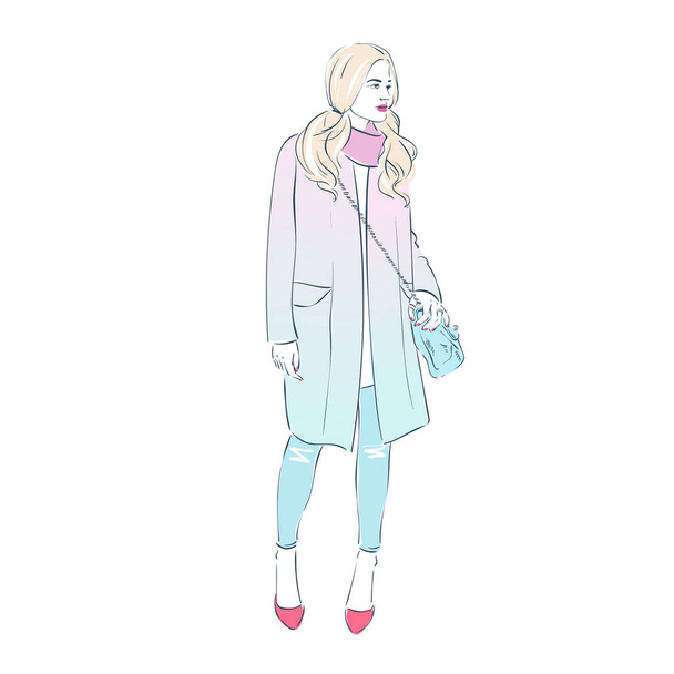 Beautiful hipster young blonde woman with in a fashion pink jacket and with bag and high heels. Hand drawn illustration. Vector illustration. - ベクター画像