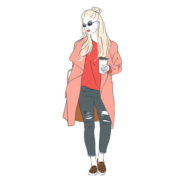 Beautiful hipster young blonde with trend beam hairstyle women in a fashion jacket in glasses with coffee. Vector illustration. - Vettoriali, immagini