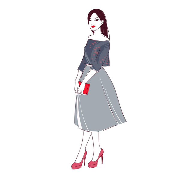 Beautiful dark hair young women in blouse, high heel shoes and midi skirt with handbag with. Hand drawn illustration. - Vektor, Bild