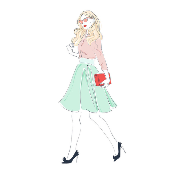 Beautiful young women in a fashion retro clothes, midi skirt and pink sunglasses with bag. Vector hand drawn illustration. - Vector, Image