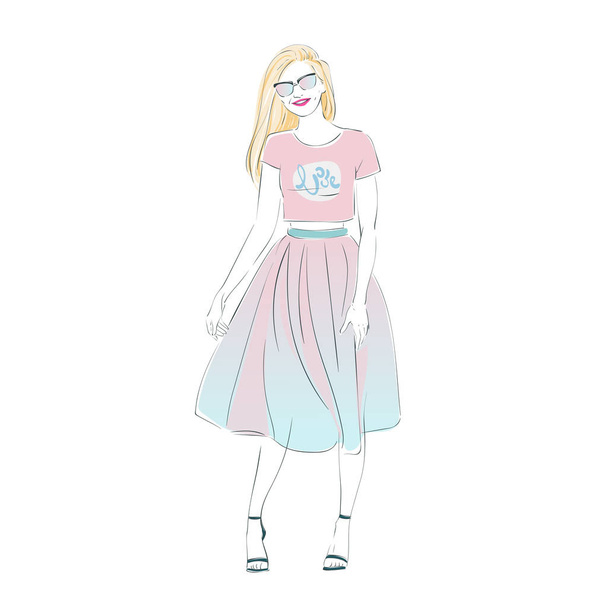 Beautiful young women in a fashion pink retro clothes in glasses. Vector hand drawn illustration. - Vector, Imagen