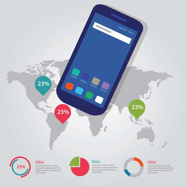 world map global pointer international info-graphic business process full color of smart-phone gadget communication technology mobile device - Вектор, зображення