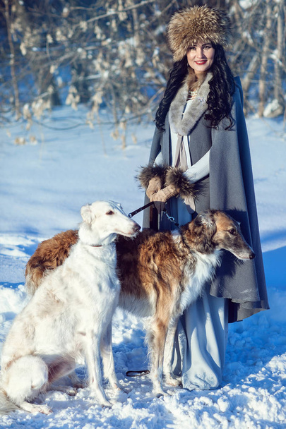 A girl with greyhounds on the snow - Foto, imagen